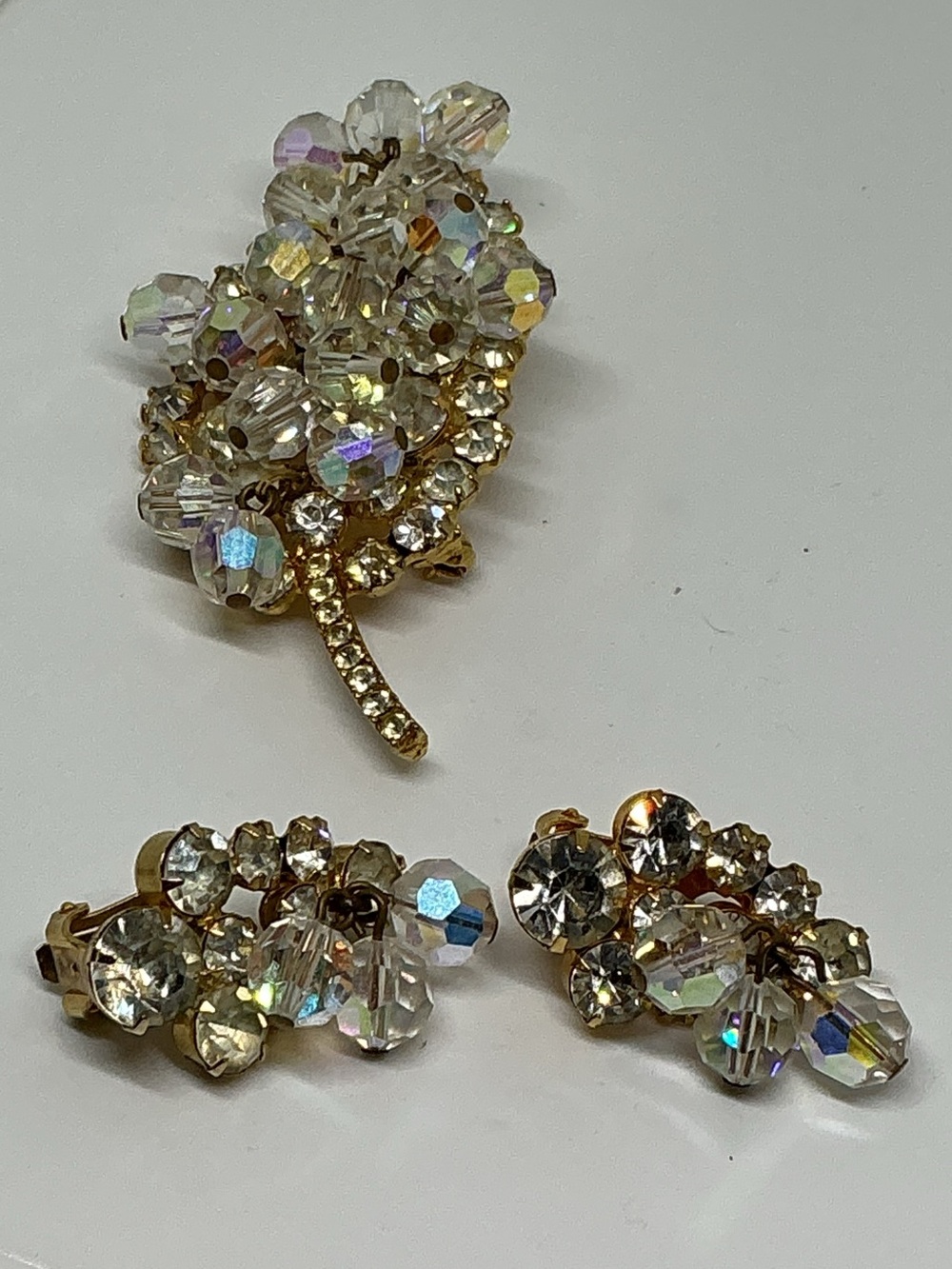 VTG Juliana AB Crystal Rhinestone Cha Cha Leaf Brooch Clip Earrings Verified